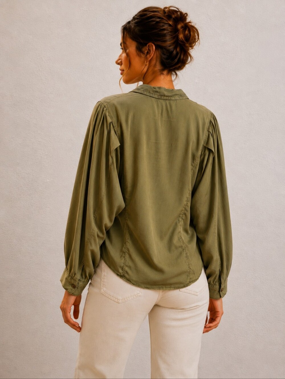 RW&CO Olive Dolman/Batwing Relaxed Sleeve Button-Down- Tencel/Lyocell - Small - Picture 2 of 8